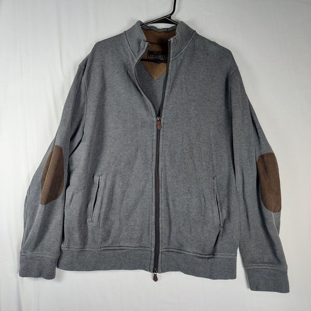Jos. A. Bank Reserve Men’s L Gray Sweater Jacket Full-Zip Cotton w/ Elbow Patche